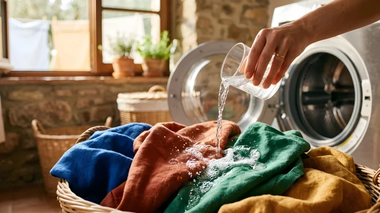 Bottiglia di candeggina delicata accanto a capi colorati appena lavati e stesi
