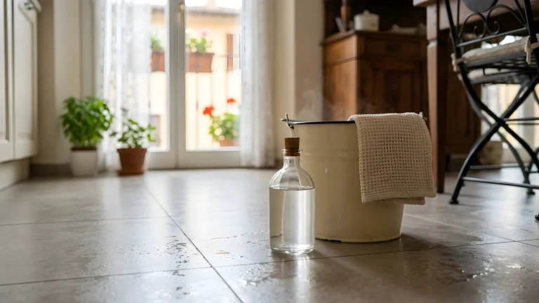 Secchio con acqua e panno in microfibra per il lavaggio del pavimento con aceto bianco di alcol