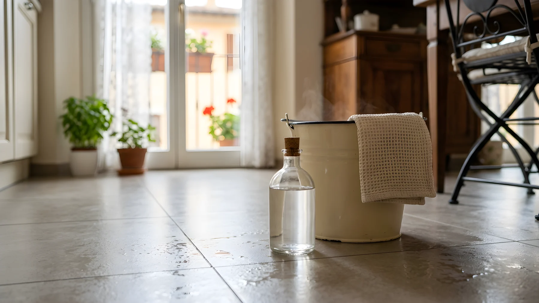 Secchio con acqua e panno in microfibra per il lavaggio del pavimento con aceto bianco di alcol