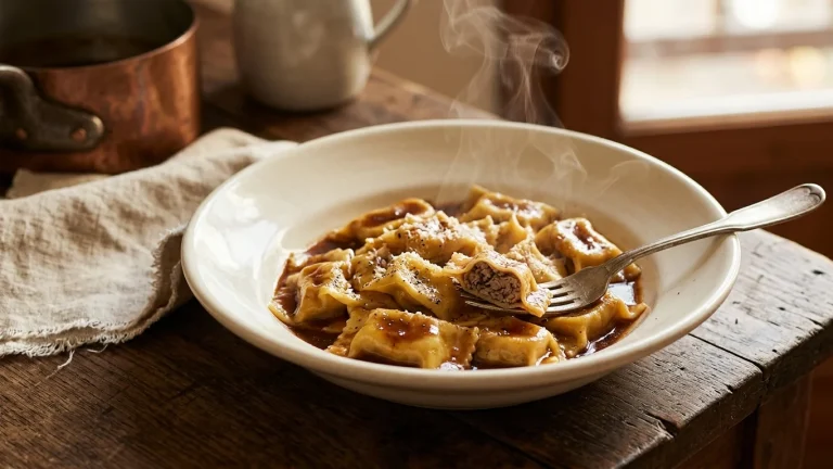 Piatto di agnolotti piemontesi tirati a mano e glassati con sugo d'arrosto lucido e vellutato