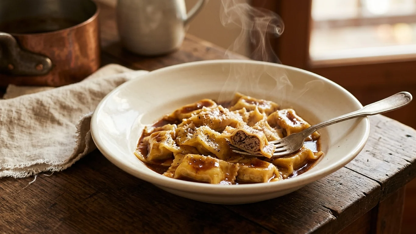 Piatto di agnolotti piemontesi tirati a mano e glassati con sugo d'arrosto lucido e vellutato
