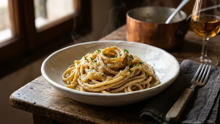 Piatto di bigoli in salsa della tradizione veneta avvolti da crema di cipolle e sarde