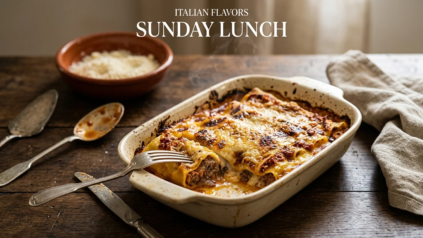 Cannelloni di carne al forno dorati in teglia con besciamella e crosta di Parmigiano Reggiano