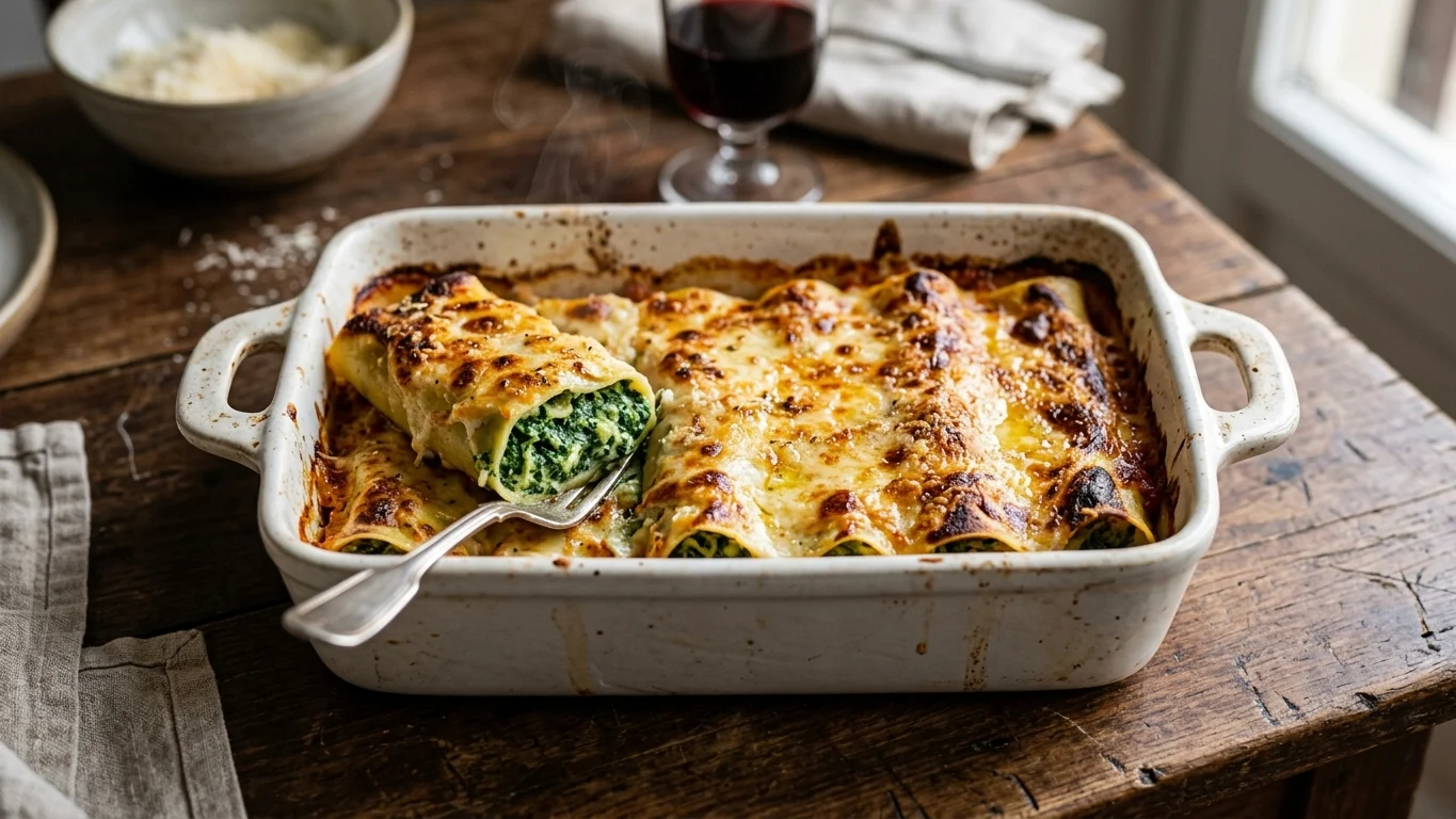 Cannelloni ricotta e spinaci fumanti in pirofila con besciamella dorata e noce moscata