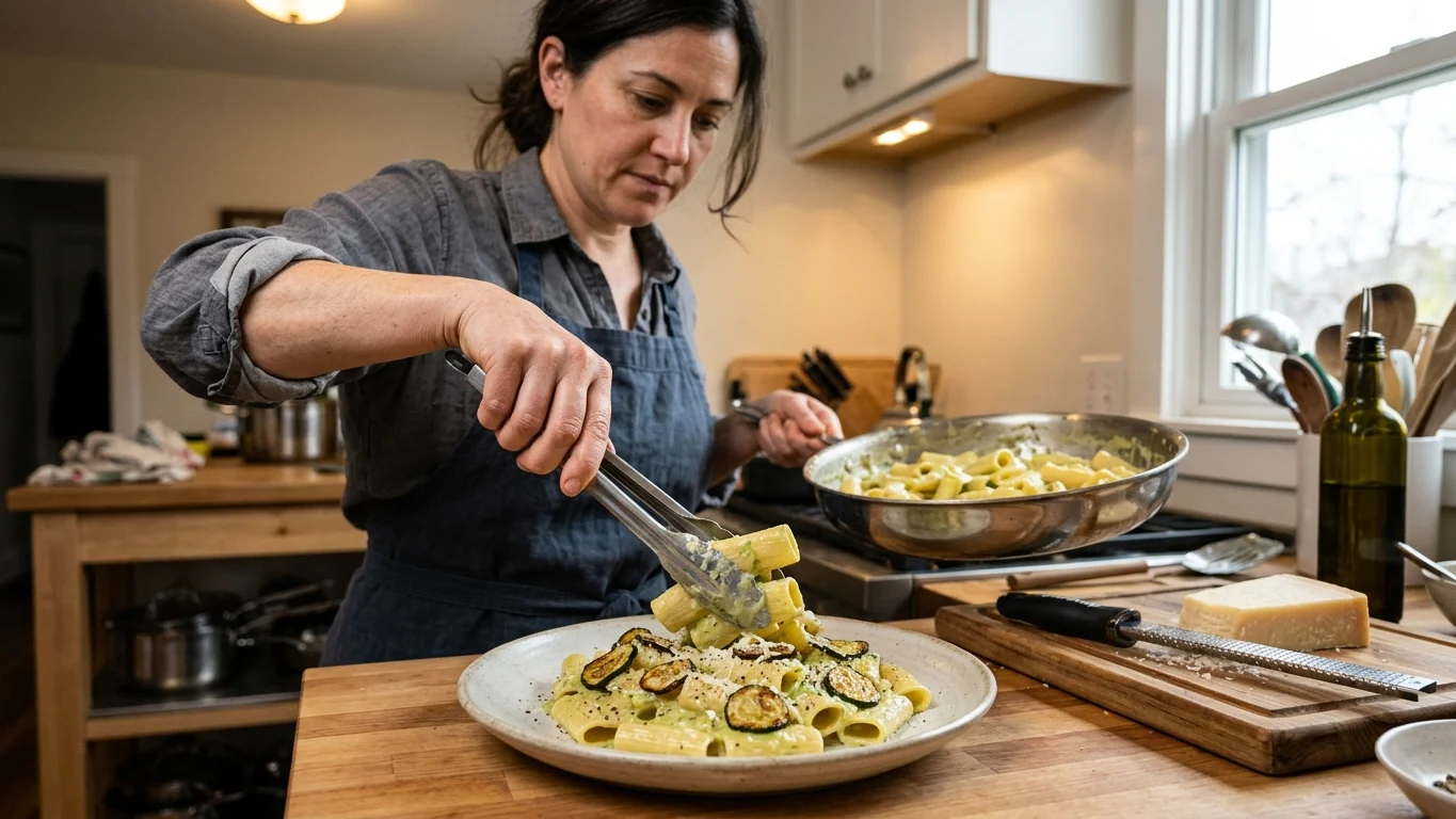 Piatto di pasta con crema vellutata di zucchine mantecata senza uovo