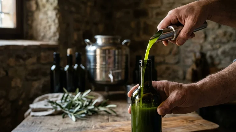 Olio extravergine di oliva nuovo appena franto versato in una bottiglia di vetro scuro