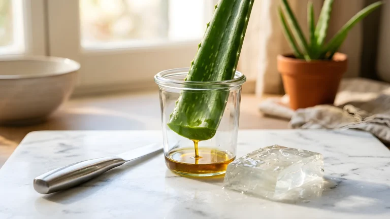 Foglie fresche recise e gel puro trasparente di Aloe barbadensis Miller
