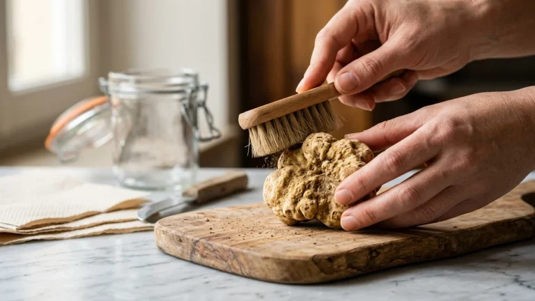 Tartufo bianco fresco pulito con spazzolino a setole morbide su tagliere in legno