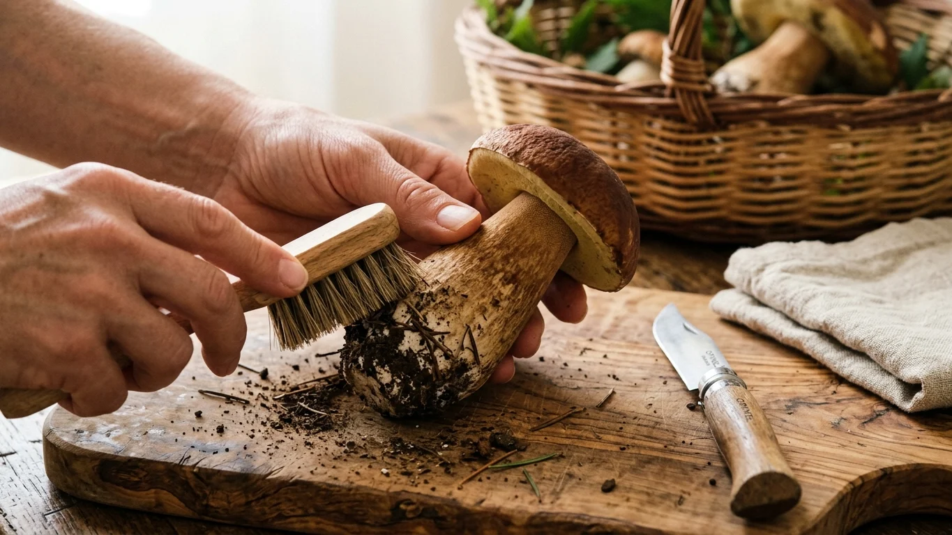 Pulizia manuale a secco di funghi porcini freschi con spelucchino e pennellino da cucina