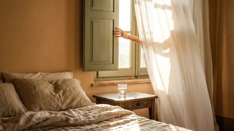 Camera da letto illuminata da luce naturale con letto ordinato per favorire il riposo circadiano
