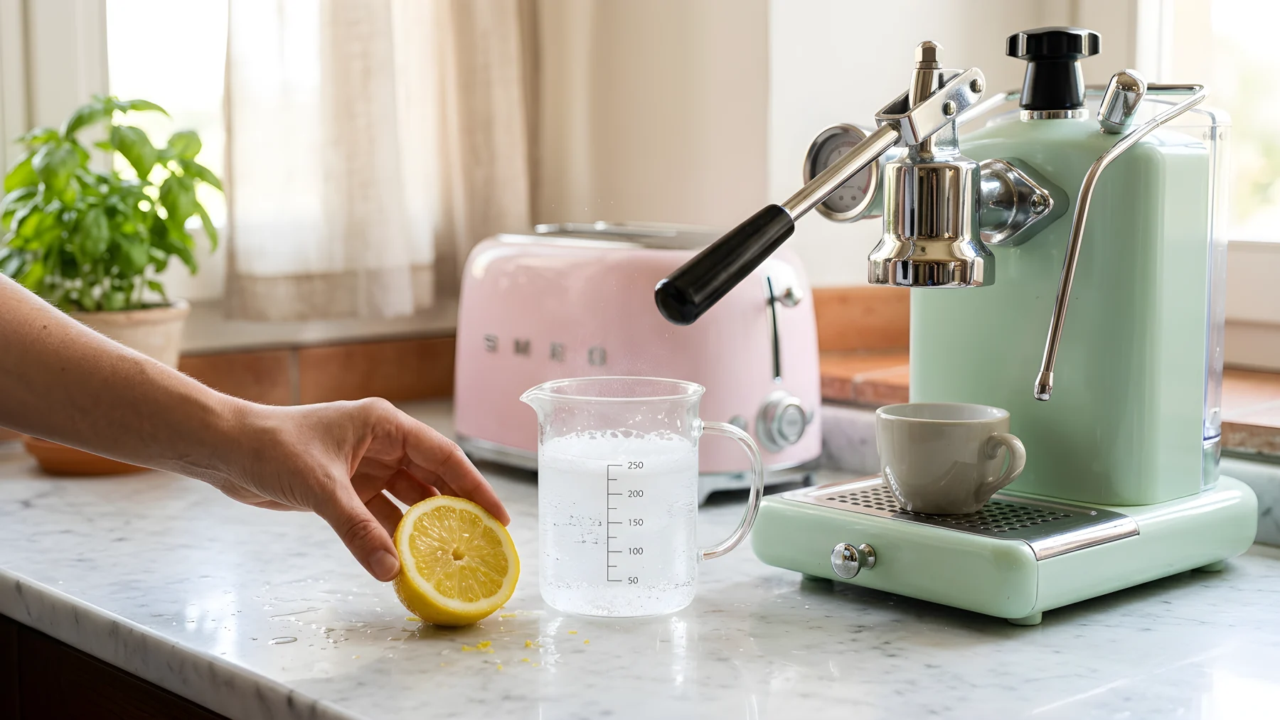 Piccoli elettrodomestici color pastello su un piano cucina: espresso rosa, tostapane verde, frullatore crema e air fryer
