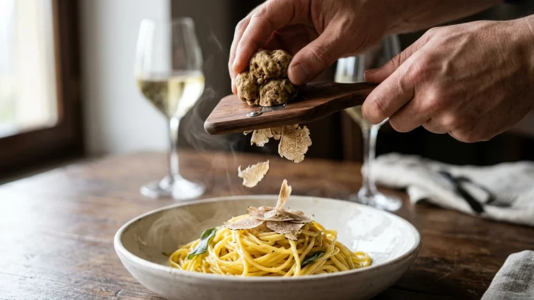 Tartufo Bianco d'Alba fresco pronto per essere affettato con tagliatartufi