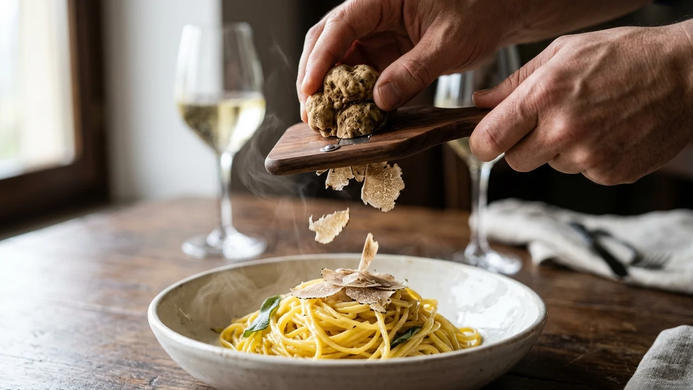 Tartufo Bianco d'Alba fresco pronto per essere affettato con tagliatartufi