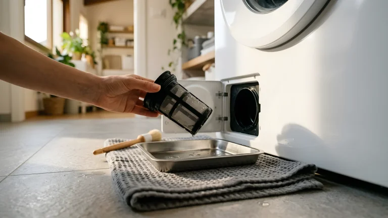 Rimozione del filtro di scarico nell'angolo inferiore destro di una lavatrice Beko