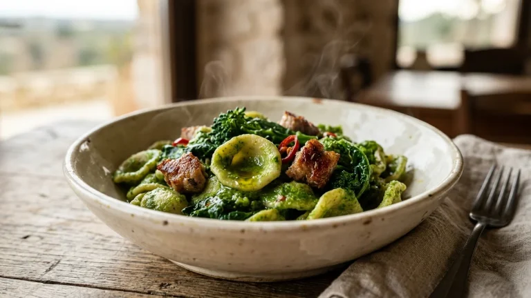 Piatto di orecchiette fresche con broccoli cremosi e salsiccia rosolata a punta di coltello