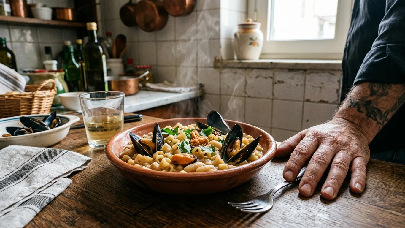 Piatto tradizionale di pasta fagioli e cozze alla napoletana cremosa