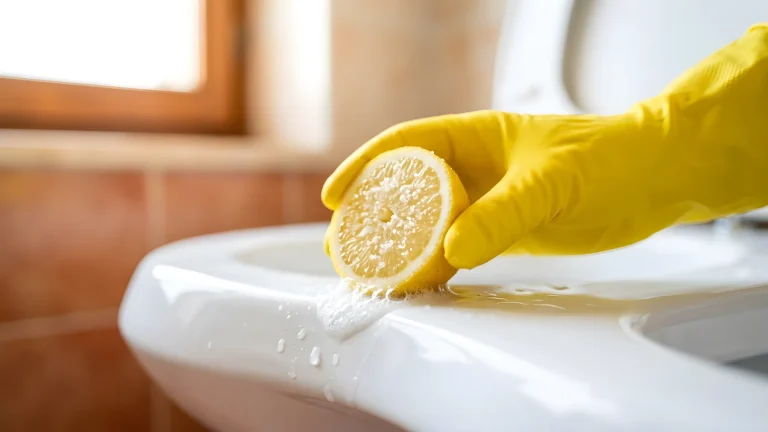 Dettaglio della pulizia igienica del water con guanti e spazzolone