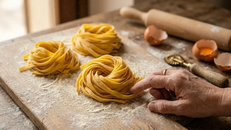Nidi di tagliatelle fresche all'uovo appena tirate a mano su una spianatoia di legno infarinata