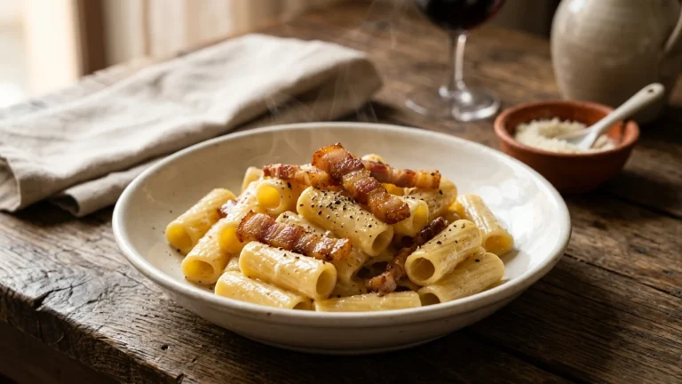 Piatto di rigatoni alla gricia mantecati con crema di pecorino, guanciale croccante e pepe nero macinato fresco
