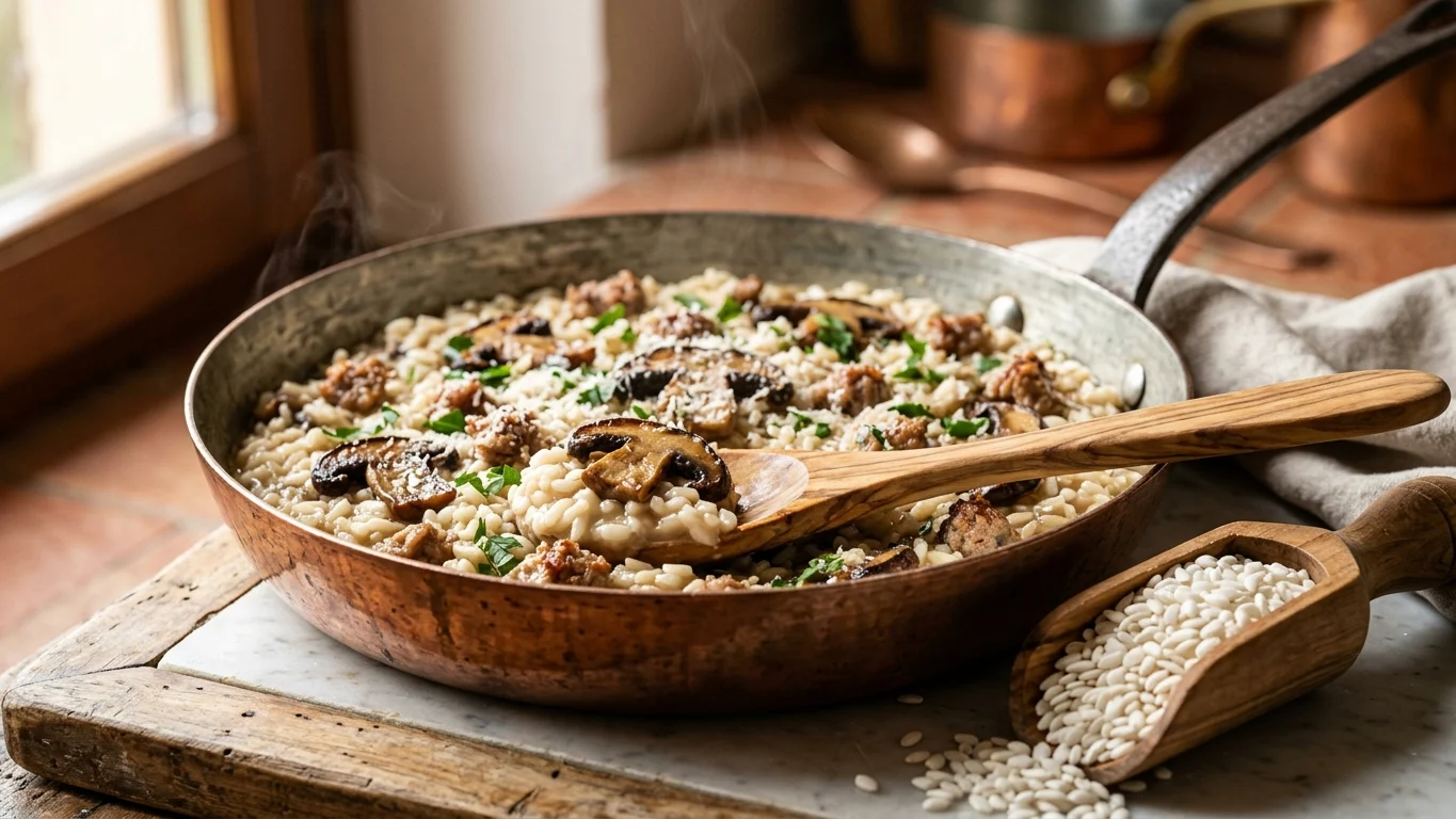 Chicchi di riso Carnaroli crudi accanto a funghi porcini freschi e salsiccia sgranata