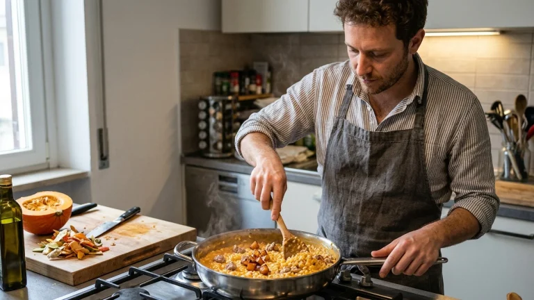 Piatto di risotto zucca e salsiccia all'onda con dadini dorati e crema vellutata