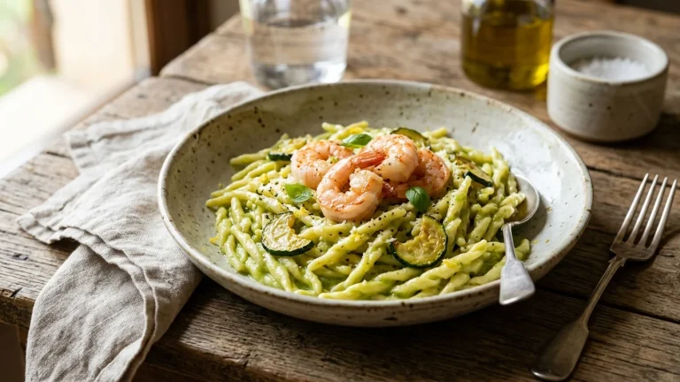 Trofie fresche avvolte da una crema verde brillante di zucchine con gamberetti scottati e gocce di olio extravergine d'oliva