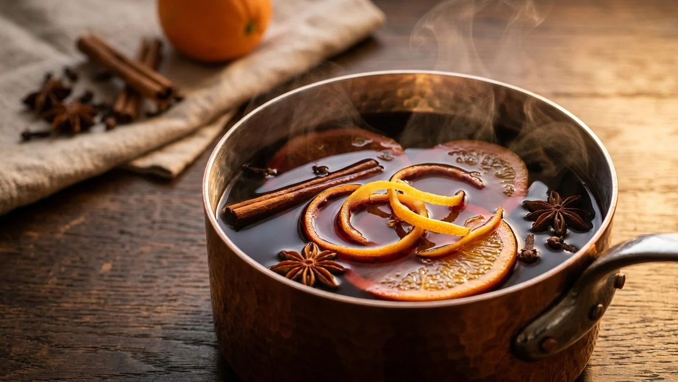 Pentola in acciaio con vino rosso, stecche di cannella, anice stellato e scorze d'arancia durante l'infusione lenta