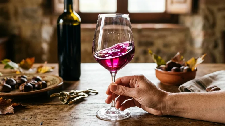 Calice di vino novello rosso rubino accanto a castagne arrostite su una tavola autunnale