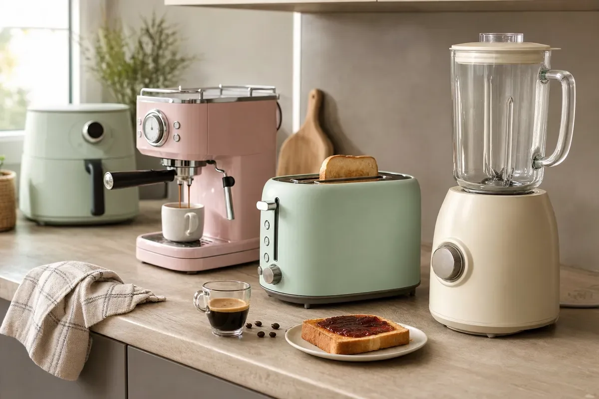 Piccoli elettrodomestici color pastello su un piano cucina: espresso rosa, tostapane verde, frullatore crema e air fryer